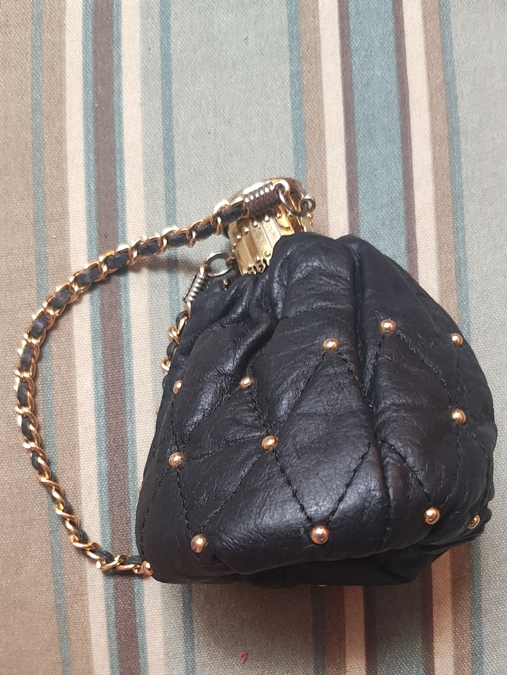 Black Quilted Leather Mini Pouch with Gold Studs